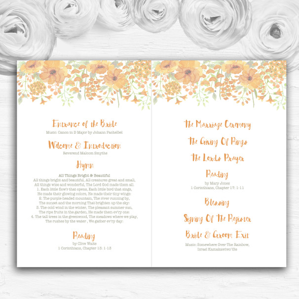 Watercolour Floral Orange Personalised Wedding Double Cover Order Of Service