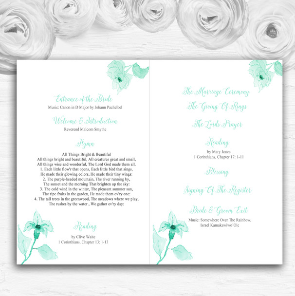 Beautiful Aqua Mint Green Watercolour Flowers Wedding Cover Order Of Service