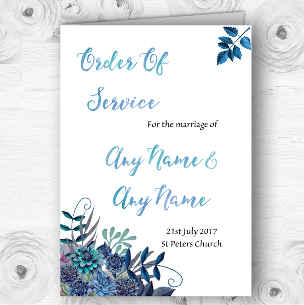 Aqua Green & Blue Watercolour Florals Wedding Double Cover Order Of Service