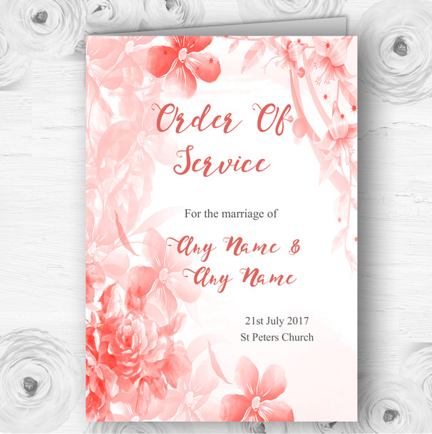 Coral Watercolour Floral Personalised Wedding Double Cover Order Of Service