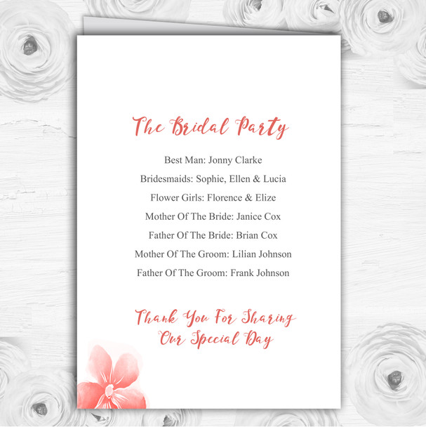 Coral Watercolour Floral Personalised Wedding Double Cover Order Of Service