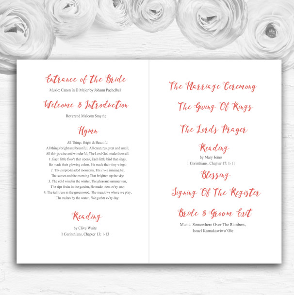 Coral Watercolour Floral Personalised Wedding Double Cover Order Of Service