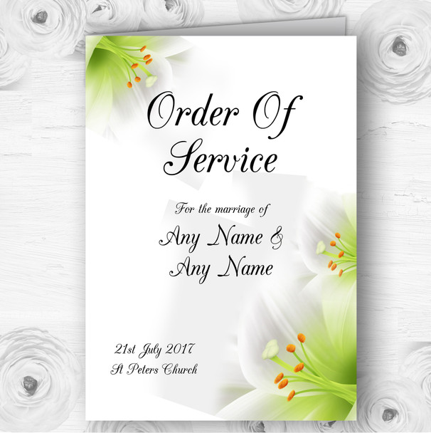 Subtle White Lily Flower Personalised Wedding Double Cover Order Of Service