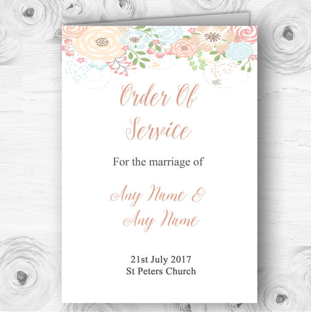 Coral Peach & Blue Watercolour Floral Header Wedding Cover Order Of Service