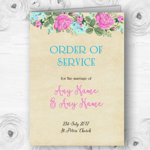 Vintage Pink & Blue Watercolour Wedding Double Sided Cover Order Of Service