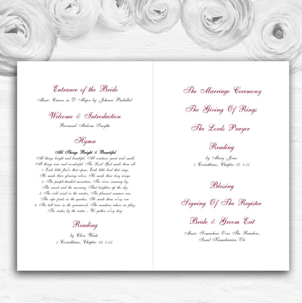 Red Rose Champagne Personalised Wedding Double Sided Cover Order Of Service