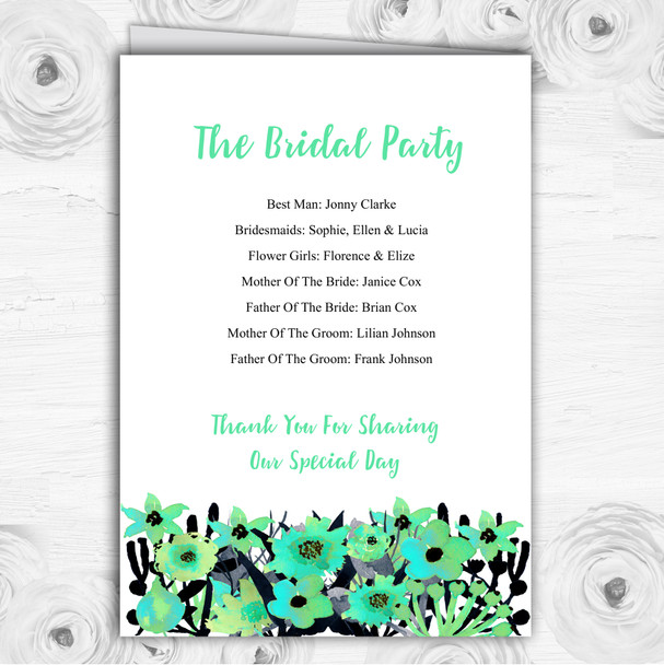 Black & Aqua Mint Green Watercolour Flowers Wedding Cover Order Of Service