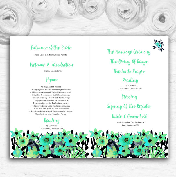 Black and Aqua Mint Green Watercolour Flowers Wedding Cover Order Of Service