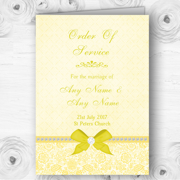 Pretty Floral Vintage Bow & Diamante Yellow Wedding Cover Order Of Service