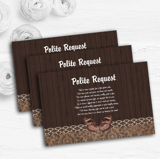 Rustic Vintage Wood Butterfly Brown Custom Wedding Gift Request Money Poem Cards