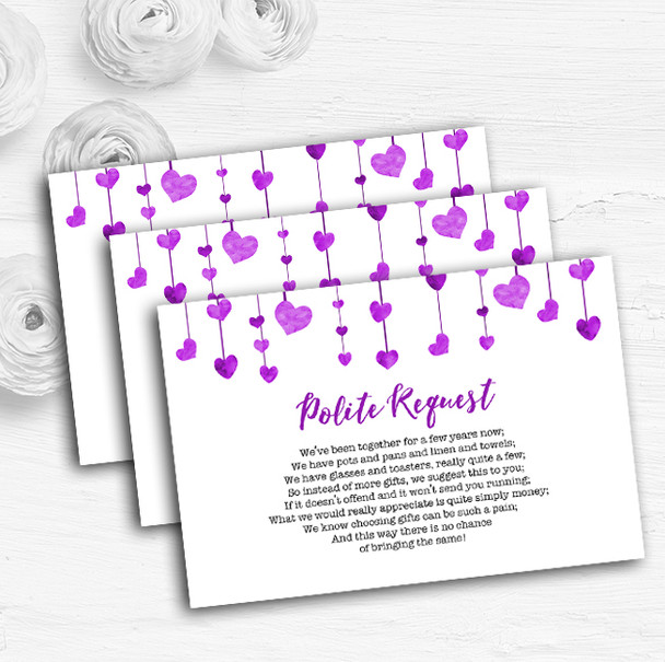 Purple Watercolour Heart Drop Personalised Wedding Gift Request Money Poem Cards
