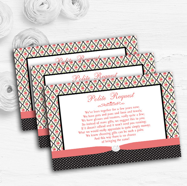 Coral Pink Rose Shabby Chic Black Polkadot Custom Wedding Gift Money Poem Cards