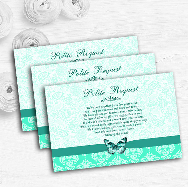 Mint Green Vintage Floral Damask Butterfly Custom Wedding Gift Money Poem Cards