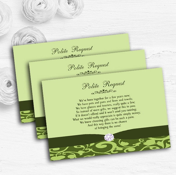 Olive Green Vintage Floral Damask Diamante Custom Wedding Gift Money Poem Cards