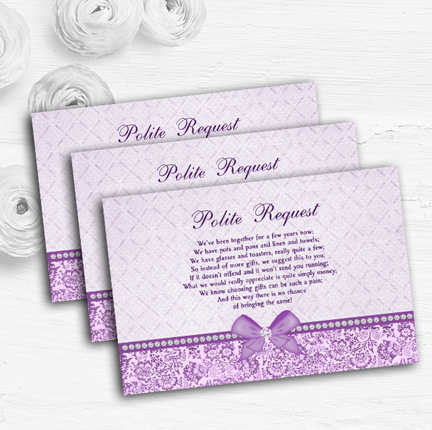 Pretty Floral Vintage Bow & Diamante Lilac Custom Wedding Gift Money Poem Cards