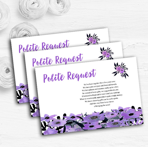 Black & Purple Watercolour Flowers Custom Wedding Gift Request Money Poem Cards