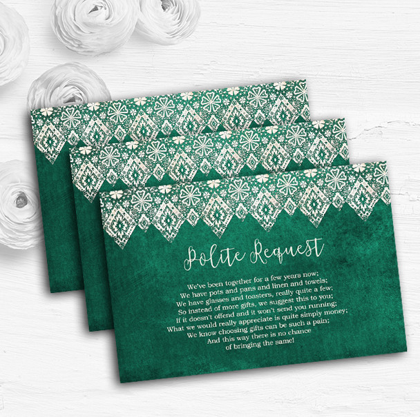 Teal Green Old Paper & Lace Effect Custom Wedding Gift Request Money Poem Cards