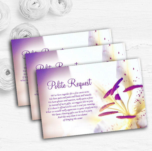 Purple Beautiful Lily Flower Personalised Wedding Gift Request Money Poem Cards