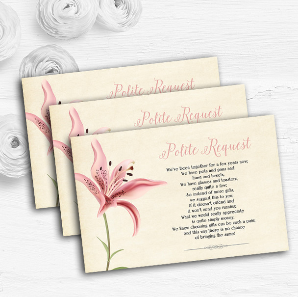 Coral Pink Lily Vintage Personalised Wedding Gift Cash Request Money Poem Cards