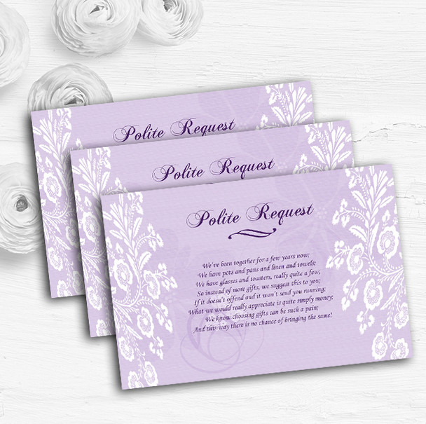 Vintage Lace Lilac Chic Personalised Wedding Gift Cash Request Money Poem Cards