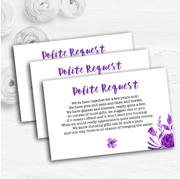 Cadbury Purple & White Watercolour Floral Custom Wedding Gift Money Poem Cards