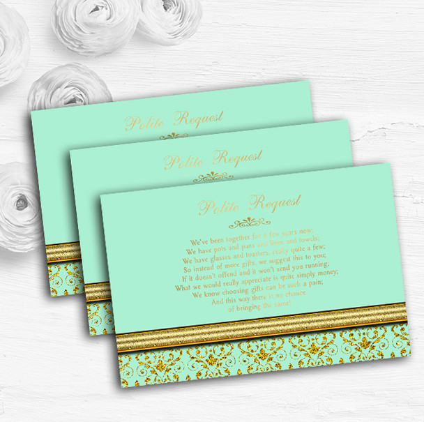 Mint Green and Gold Vintage Damask Custom Wedding Gift Request Money Poem Cards