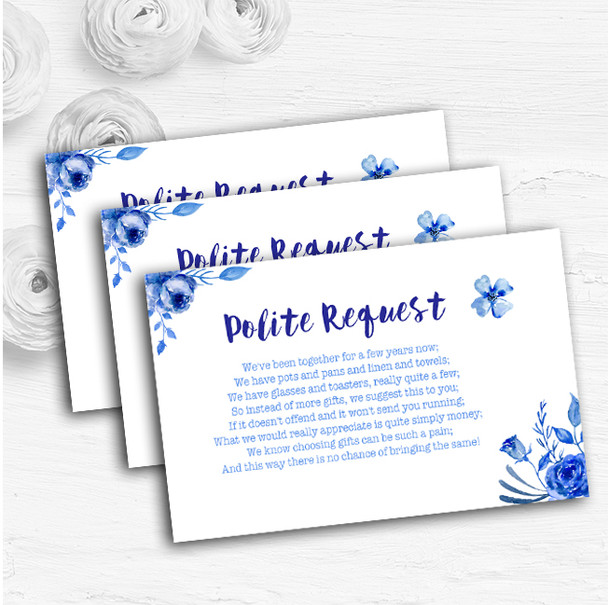 Blue & White Watercolour Floral Custom Wedding Gift Request Money Poem Cards