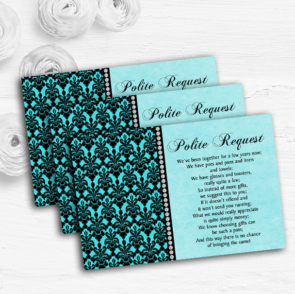 Aqua Sky Blue Black Damask & Diamond Custom Wedding Gift Money Poem Cards