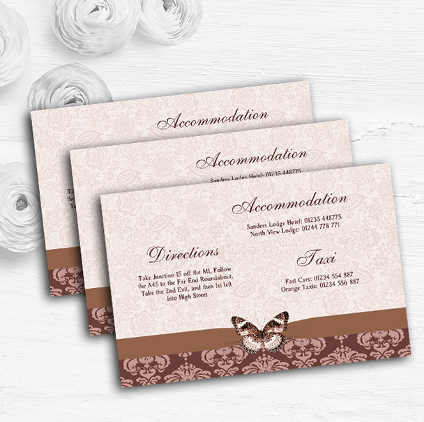 Brown Fawn Beige Vintage Floral Damask Butterfly Wedding Guest Information Cards