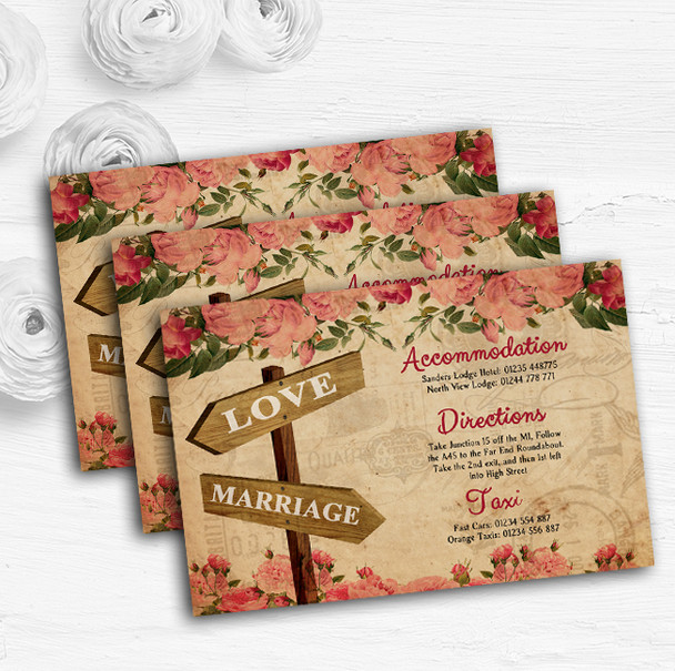 Rustic Pink Roses Signpost Shabby Chic Vintage Wedding Guest Information Cards
