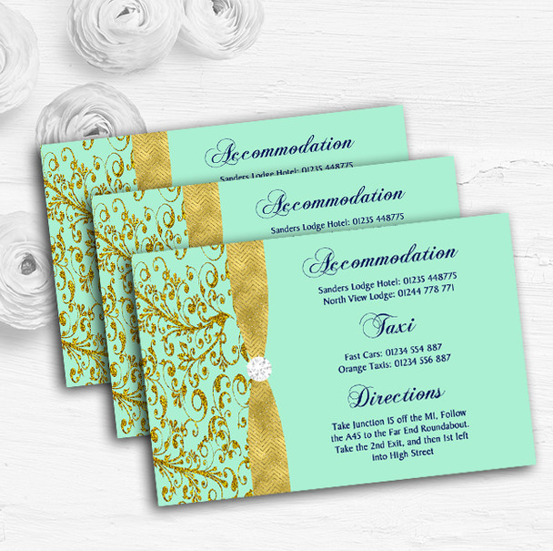 Gold And Cool Mint Green Vintage Personalised Wedding Guest Information Cards