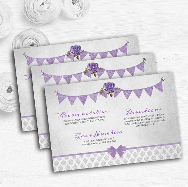 Vintage Rustic Style Bunting Purple & Silver Wedding Guest Information Cards