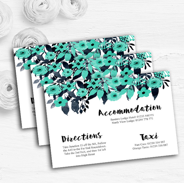 Watercolour Black & Aqua Green Floral Header Wedding Guest Information Cards