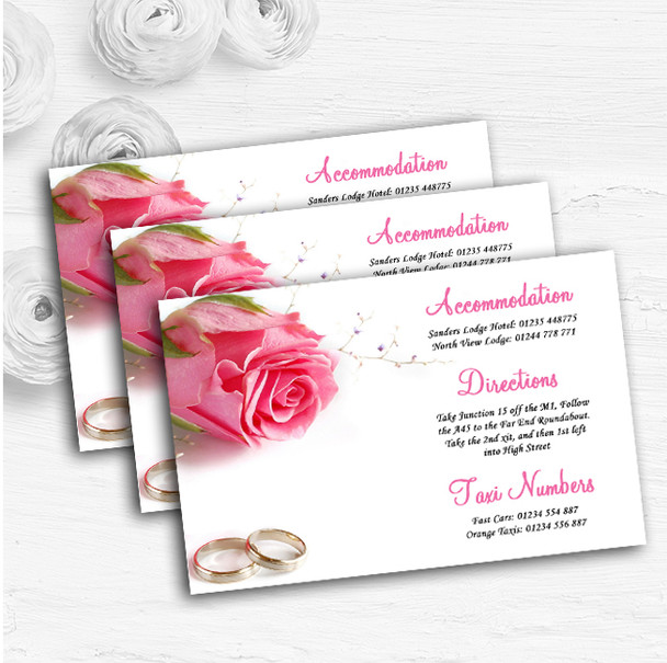 Gorgeous Pink Rose And Rings Personalised Wedding Guest Information Cards