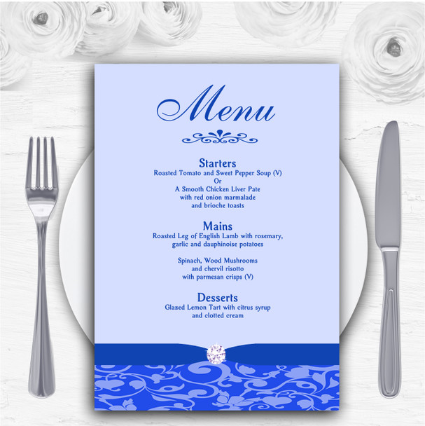 Cobalt Blue Vintage Floral Damask Diamante Personalised Wedding Menu Cards