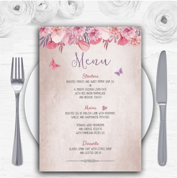 Blush Dusty Pink Lilac Vintage Watercolour Floral Personalised Wedding Menu Cards