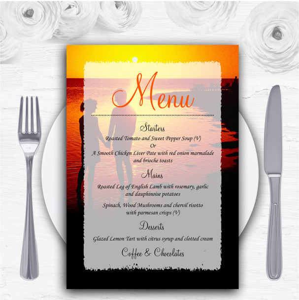 Couple On The Beach At Sunset Jetting Off Abroad Personalised Wedding Menu Cards