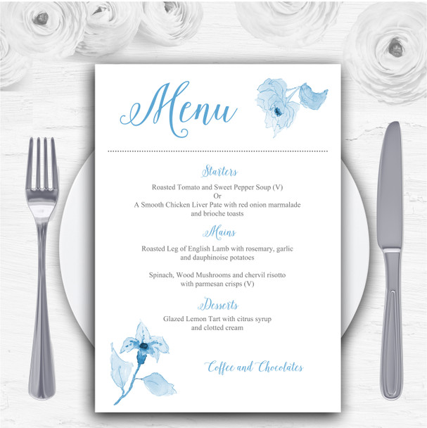 Beautiful Powder Baby Blue Watercolour Flowers Personalised Wedding Menu Cards