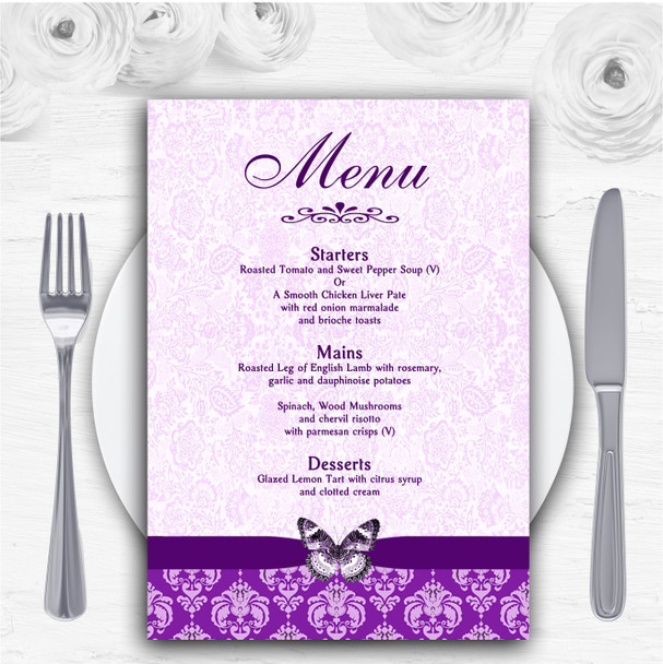 Cadbury Purple Vintage Floral Damask Butterfly Personalised Wedding Menu Cards