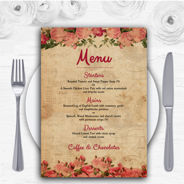 Rustic Pink Roses Signpost Shabby Chic Vintage Personalised Wedding Menu Cards