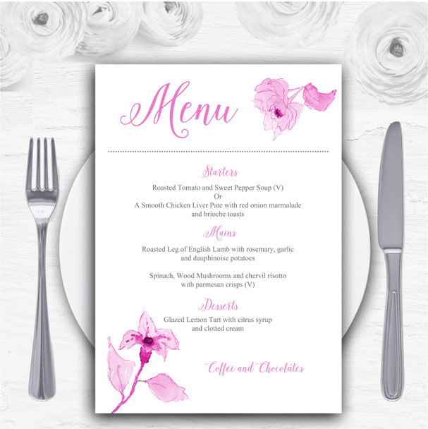 Beautiful Dusty Rose Pink Watercolour Flowers Personalised Wedding Menu Cards