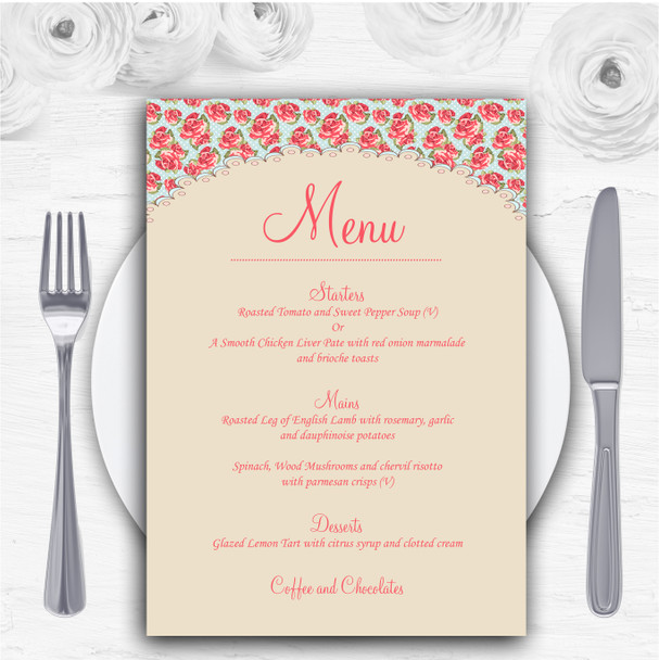Blue And Coral Pink Floral Shabby Chic Chintz Personalised Wedding Menu Cards