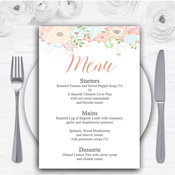 Coral Peach & Blue Watercolour Floral Header Personalised Wedding Menu Cards