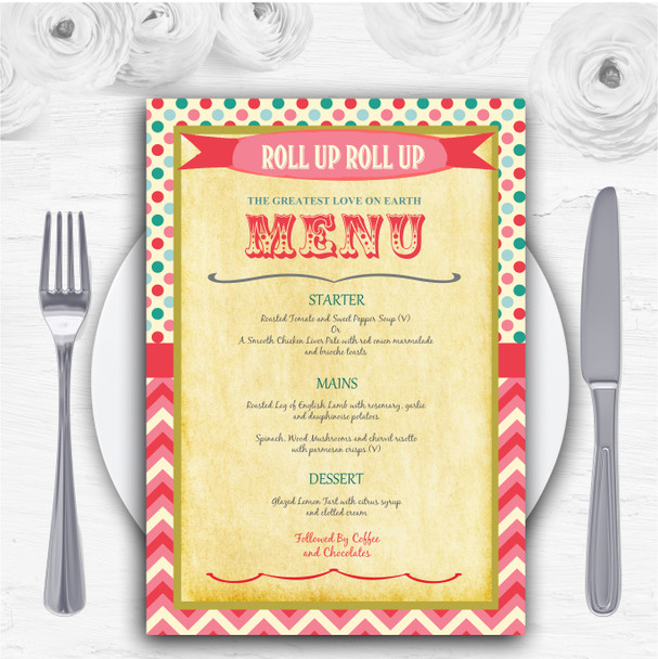 Vintage Carnival Old Style Circus Candy Pink Personalised Wedding Menu Cards