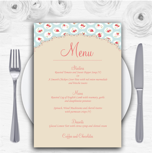 Light Blue And Red Roses Shabby Chic Chintz Personalised Wedding Menu Cards