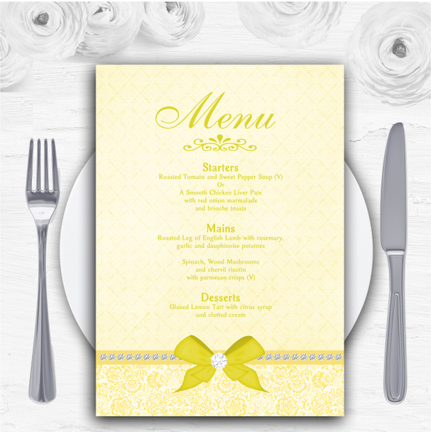 Pretty Floral Vintage Bow & Diamante Yellow Personalised Wedding Menu Cards