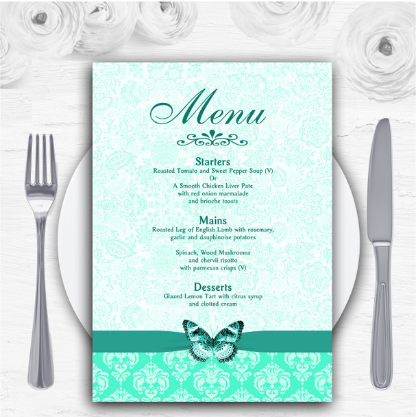 Mint Green Vintage Floral Damask Butterfly Personalised Wedding Menu Cards