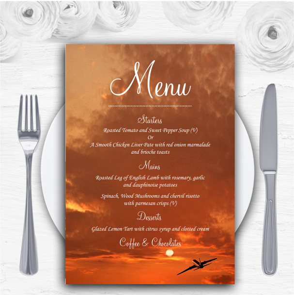 Plane In The Sky Sunset Jetting Off Abroad Personalised Wedding Menu Cards