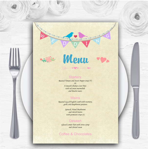 Vintage Shabby Chic Love Birds And Bunting Personalised Wedding Menu Cards