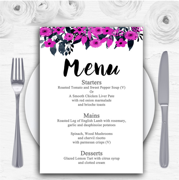 Watercolour Black & Hot Pink Floral Header Personalised Wedding Menu Cards